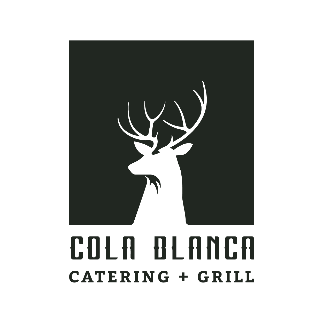 Logo for Cola Blanca Catering & Grill featuring a stylized white deer head with antlers on a dark background, and the business name in bold black text underneath.