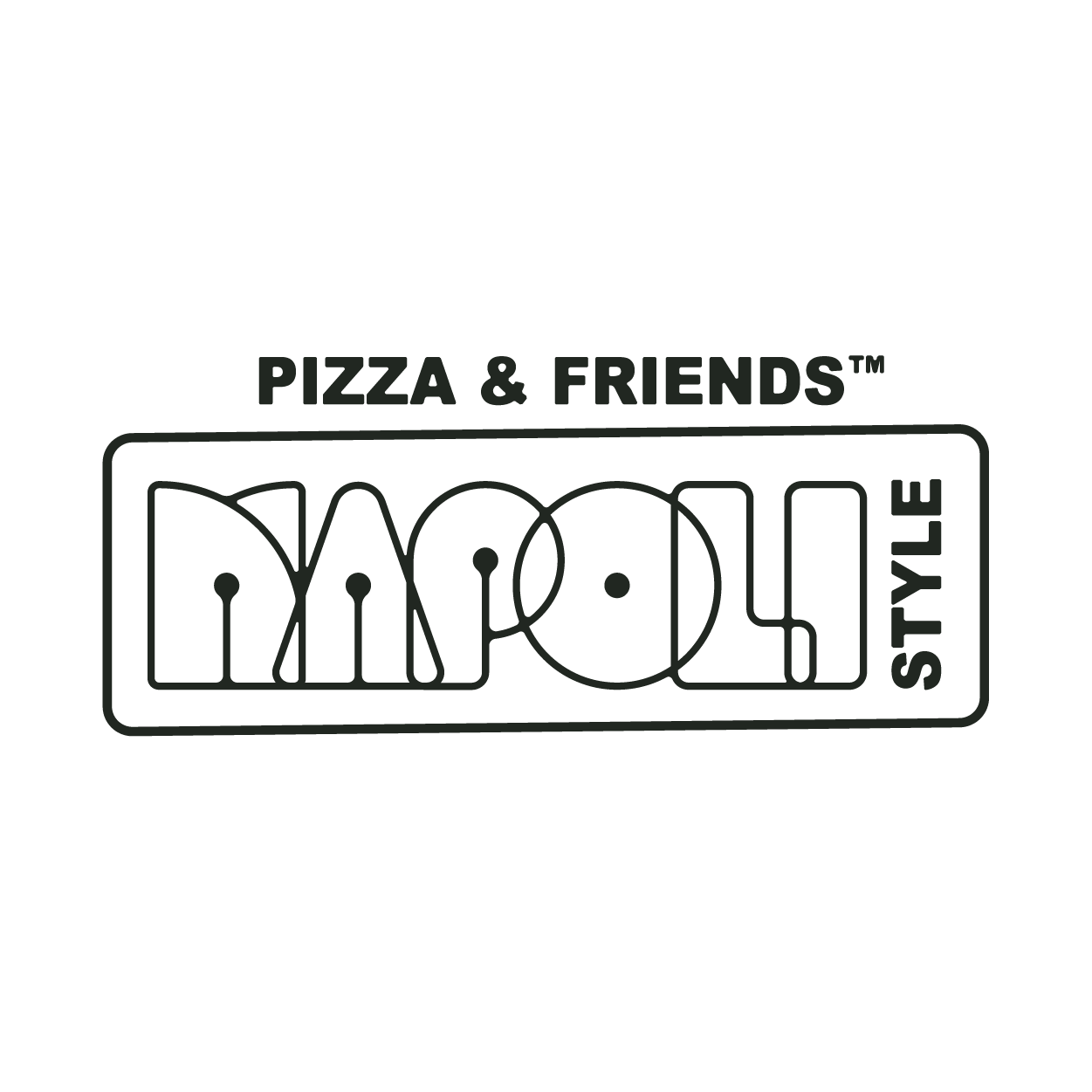 Logo with the text 'PIZZA & FRIENDS' above a rectangular outline containing stylized letters spelling 'MOM' and the word 'STYLE' vertically aligned.