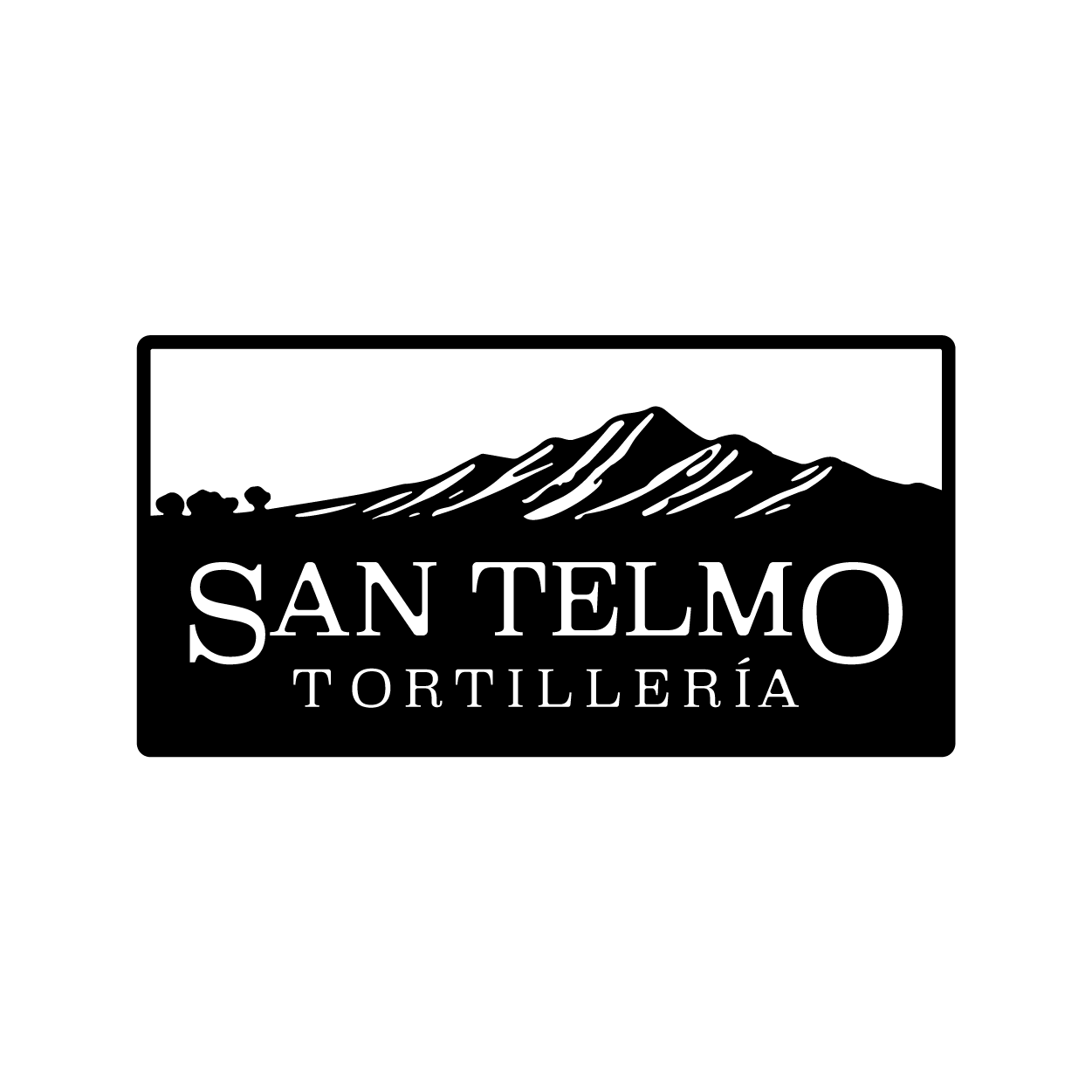 Black and white logo with mountain illustration and text reading 'San Telmo Tortillería'.
