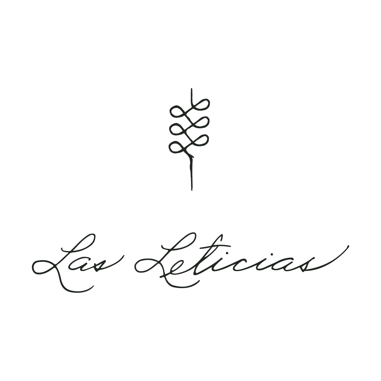 A minimalist logo featuring a vertically centered, stylized black leaf with intricate loops in the middle. Below the leaf, the text 'Las Leticas' is written in elegant, cursive black script on a white background.