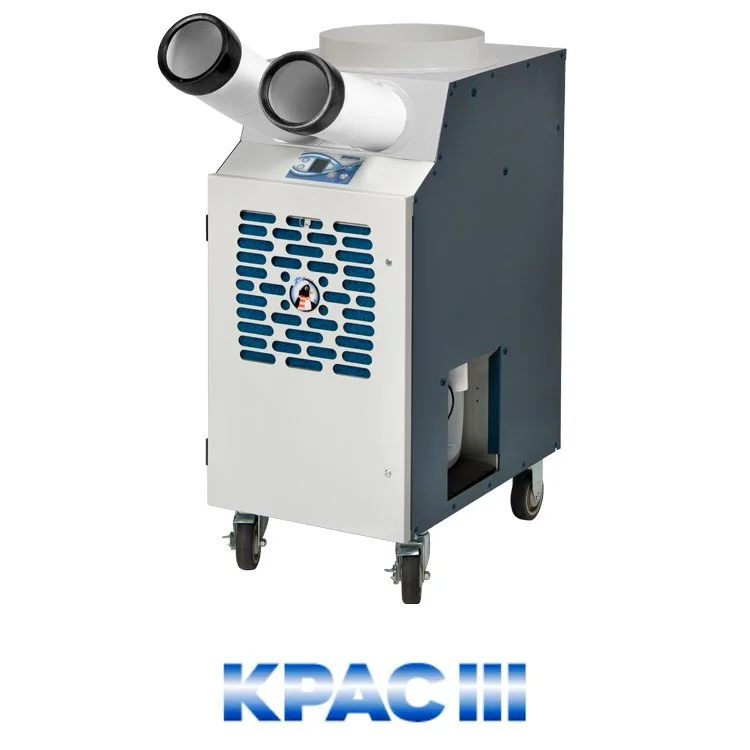 New KwiKool KPAC1411-3 commercial portable air conditioner with a DCR-12 exhaust flange. This machine is housed in a blue and silver powder-coated steel cabinet with casters and two cold air nozzles