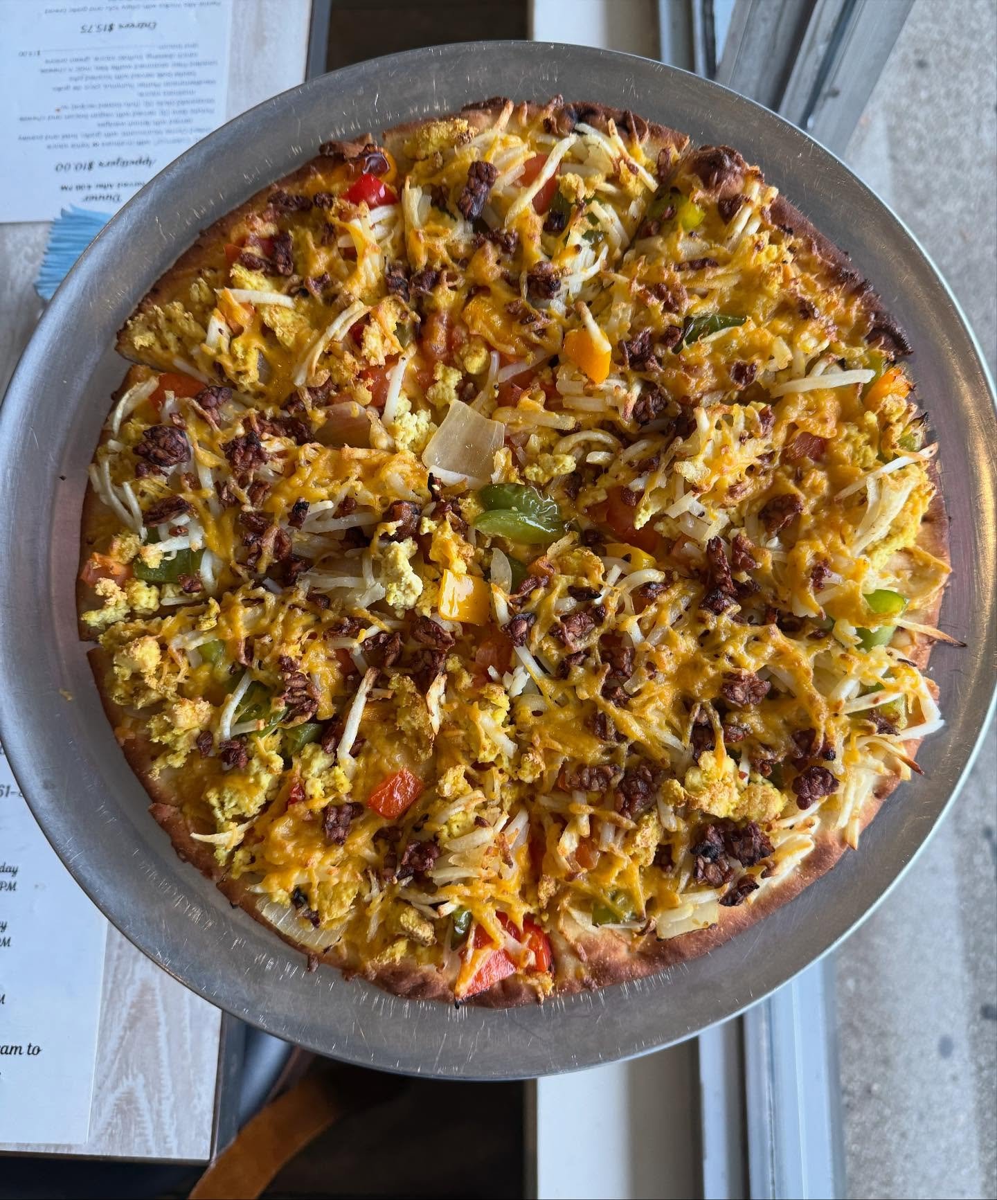 New Special, The Breakfast Pizza !
10 inch pie with tofu scramble, hash brown, cheeze, onions, peppers, tomatoes, and tempeh bacon!  Who said you can&rsquo;t have pizza for breakfast?? Not us! *Limited time only* #vegan #pizza #veganinnj #ramseynj #n