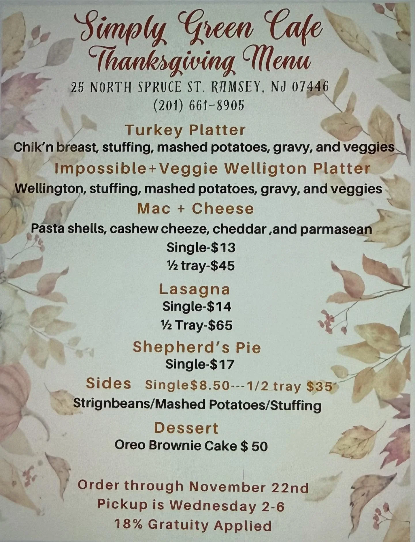Thanksgiving Menu is here! Come in store or call 201.661.8905 to place your order #veganthanksgiving #vegan #thanksgiving #vegancatering #veganinnj #vegannj #ramseynj