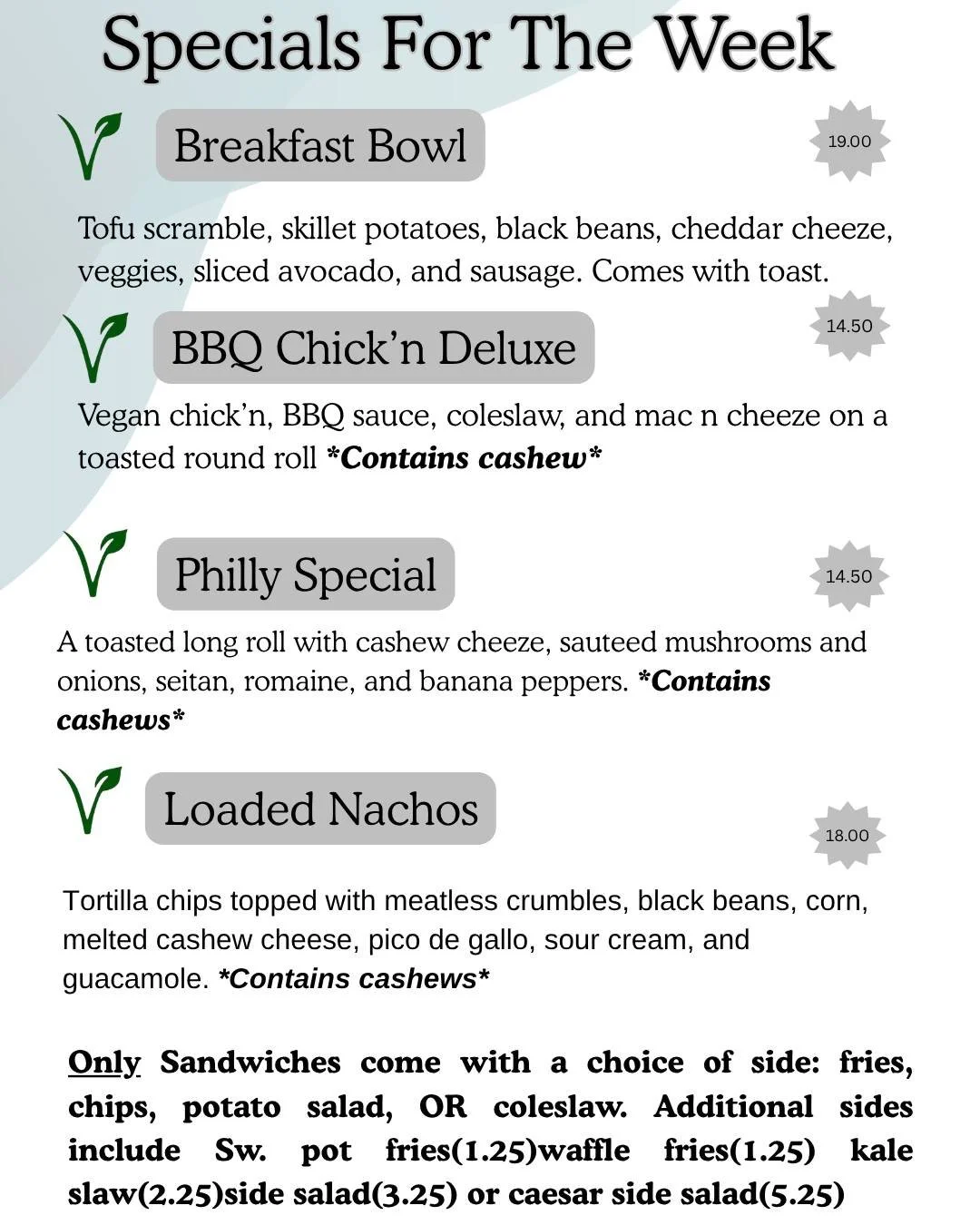 Specials for this week that you are NOT going to want to miss! #vegan #plantbased #whatveganseat #ramseynj #veganinnj #veganfood #veganrestaurant