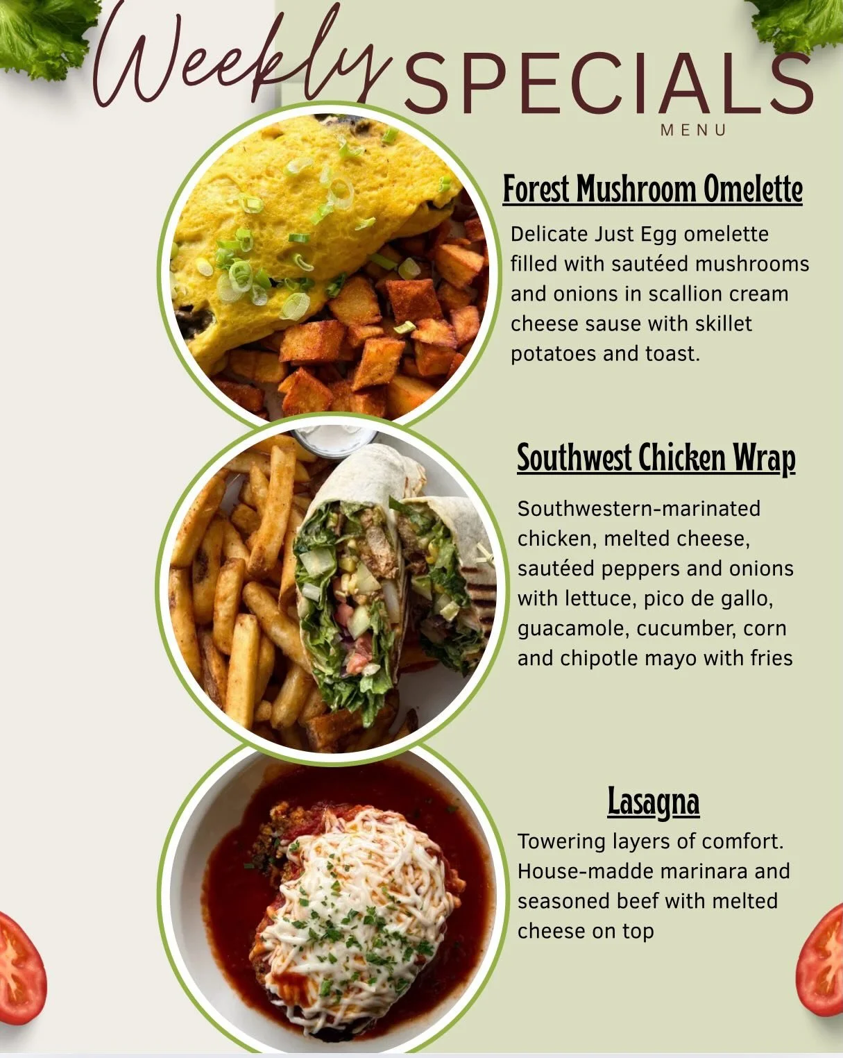 🌱✨ Weekly Vegan Specials are here and they&rsquo;re packed with flavor!
🥙 Southwestern Wrap 🍝 Homemade Vegan Lasagna 🍄 Savory Mushroom Omelette
Fresh, delicious, and made to satisfy 🌿 Stop by this week and try your new favorite comfort meal!
#Ve