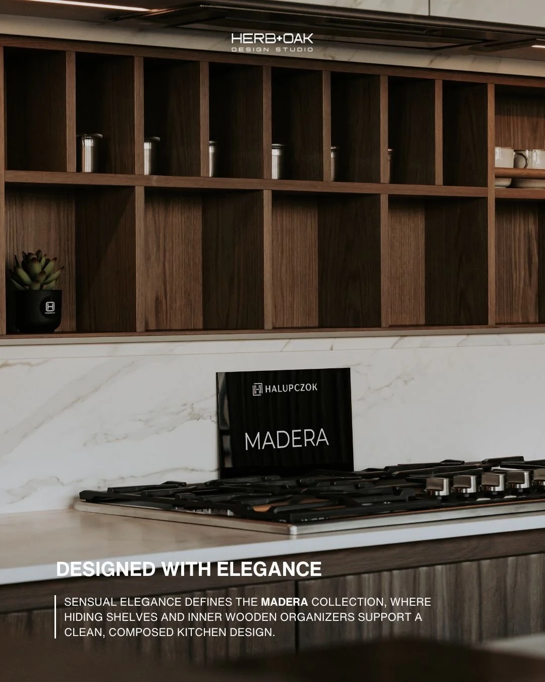 The Madera kitchen collection by Halupczok brings warmth and ease into the heart of the home. Rich tones pair with hiding shelves and inner wooden organizers to create a space that feels organized and effortless.

#herbandoak #customcabinetry #kitche