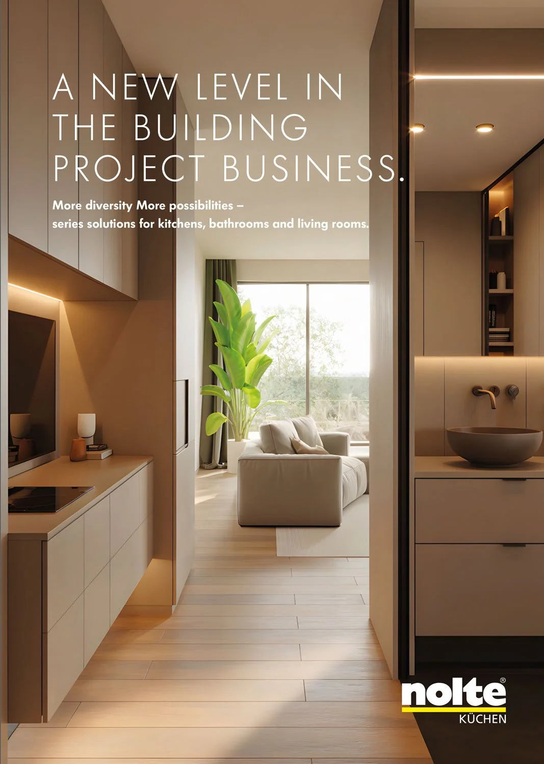 Interior view of a modern living room with a kitchen in the foreground, featuring a sofa, large window, green plant, and minimalist decor.
