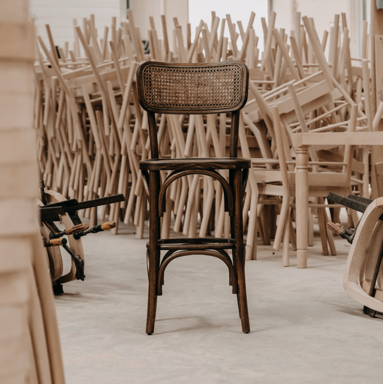 Nomo handmade Thonet wooden bench with woven Hazeran backrest, perfect for an artisan kitchen island, by Nuovo Vancouver.