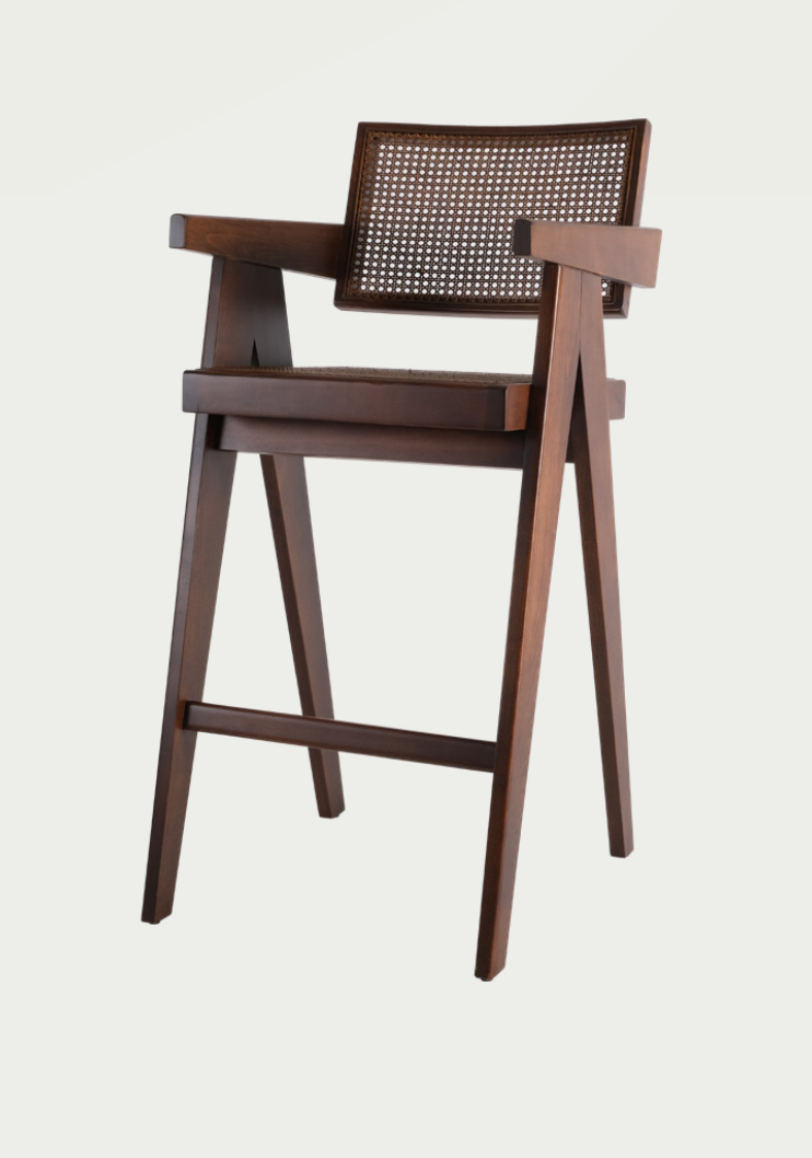 Nomo handmade wooden bench with woven Hazeran backrest perfect for a modern interior, by Nuovo Vancouver.