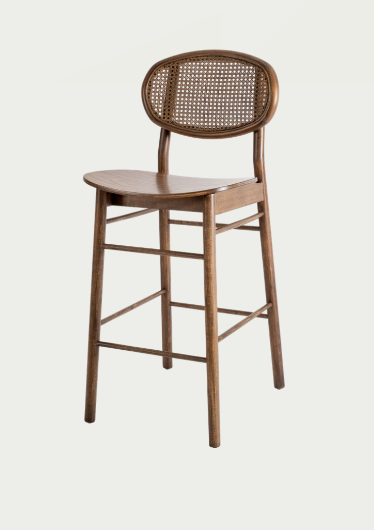 Nomo handmade wooden bench with woven Hazeran backrest, perfect for a luxury modern  kitchen island, by Nuovo Vancouver.