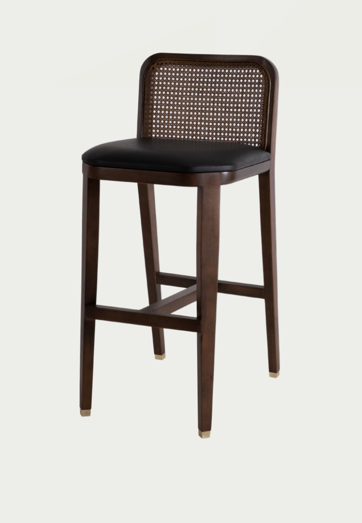 Nomo handmade wooden bench with woven Hazeran backrest and black upholstery, perfect for a luxury kitchen island, by Nuovo Vancouver.