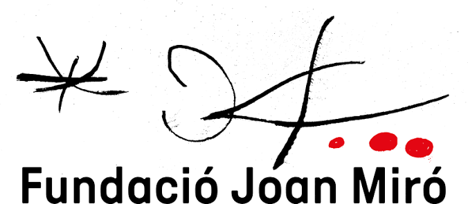 Logo for the Fundació Joan Miró with abstract black line artwork and red dots.