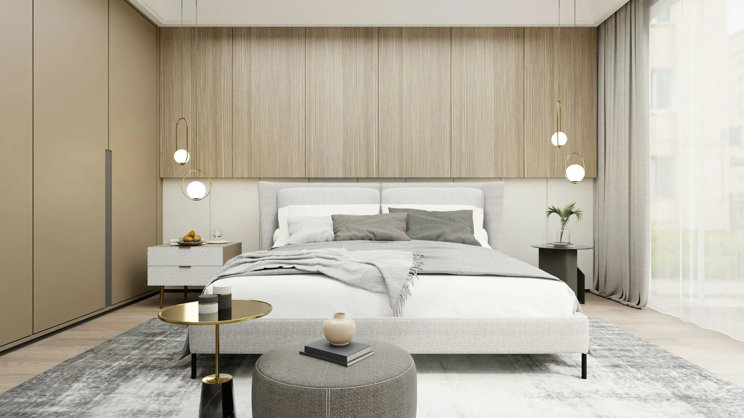 Modern bedroom with a light-colored bed, gray pillows, beige blanket, wooden wall panel behind the bed, side tables with lamps, a small round ottoman, and a side table with a plant, window with curtains.