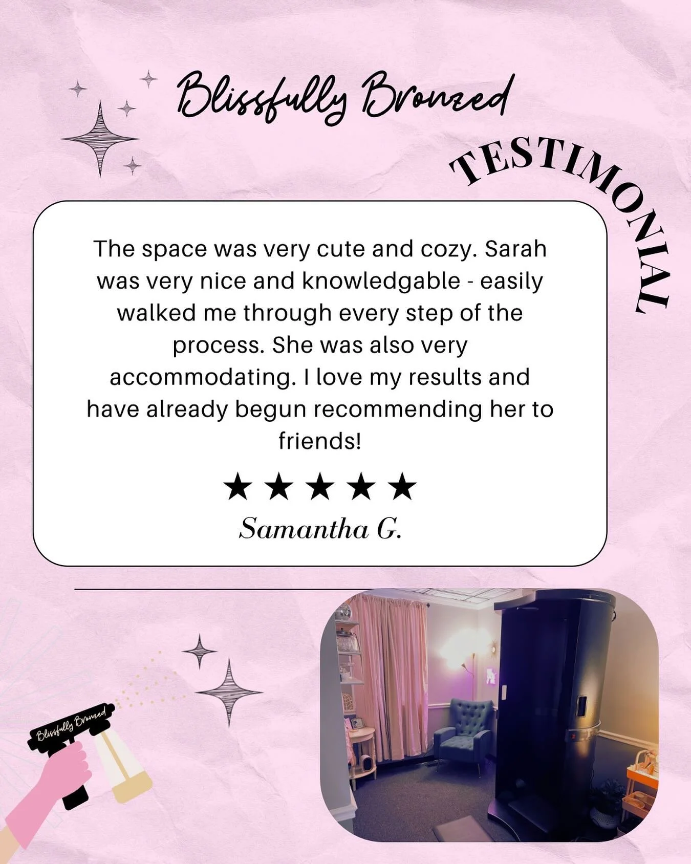 🫶🏼Testimonial Tues🫶🏼
🚨P.S. Don’t forget that every Tuesday, custom spray tans are ONLY $15!
#BlissfullyBronzed #BaltimoreSprayTan #TestimonialTuesday