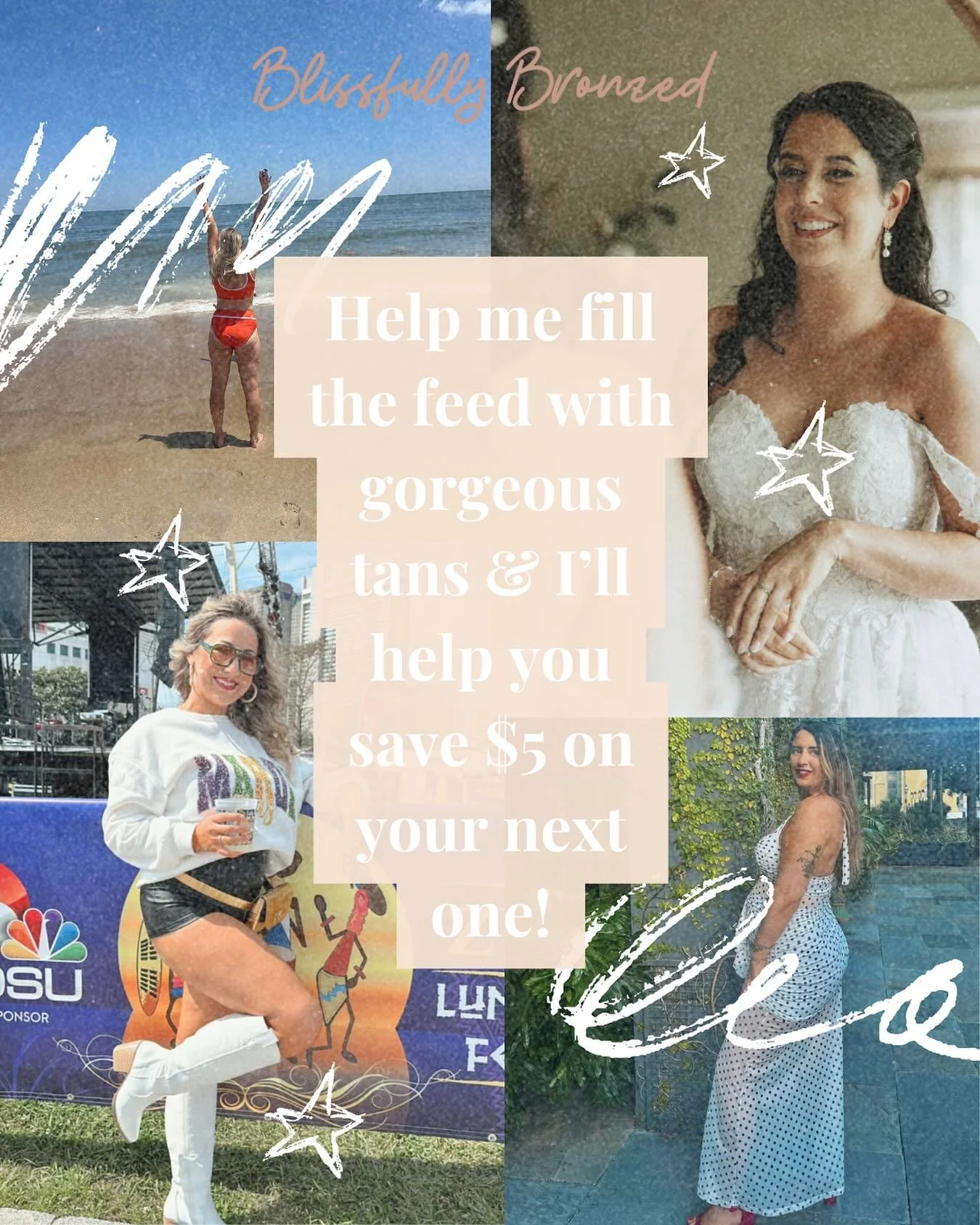 I love seeing your tans out in the wild 🖤
DM me your favorite post-spray-tan photo & I’ll send you a $5 coupon to say thank you for letting me share your glow 🌞
Your confidence inspires other women to book & glow too ✨
#blissfullyb