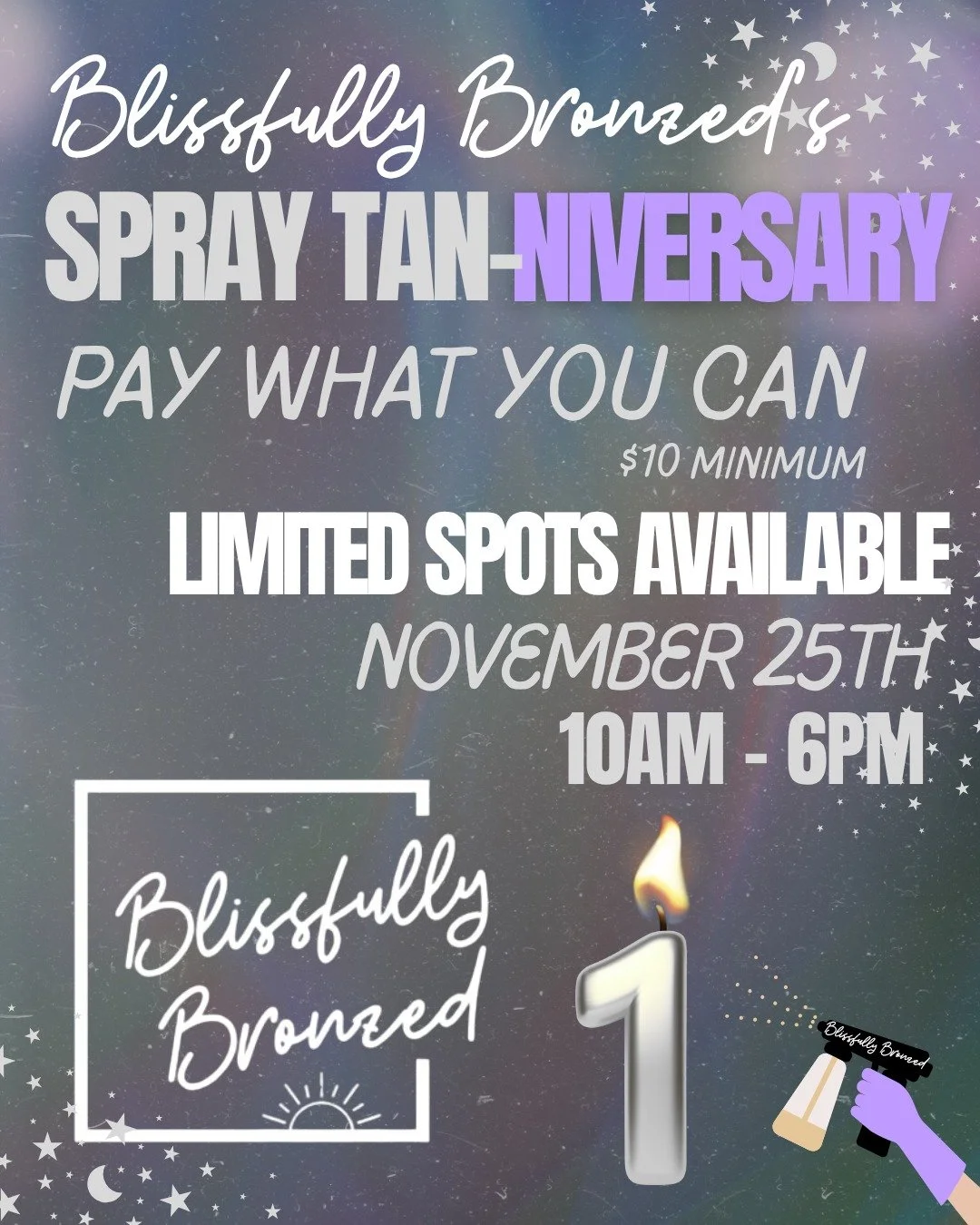 It&rsquo;s official &mdash; Blissfully Bronzed turns ONE! 💜

To celebrate, I&rsquo;m hosting a Pay What You Can Glow Day on Tues Nov 25 (Thanksgiving week!)
✨ 10 AM &ndash; 6 PM
✨ $10 minimum
✨ Full custom spray tan &mdash; your glow, your price

Be