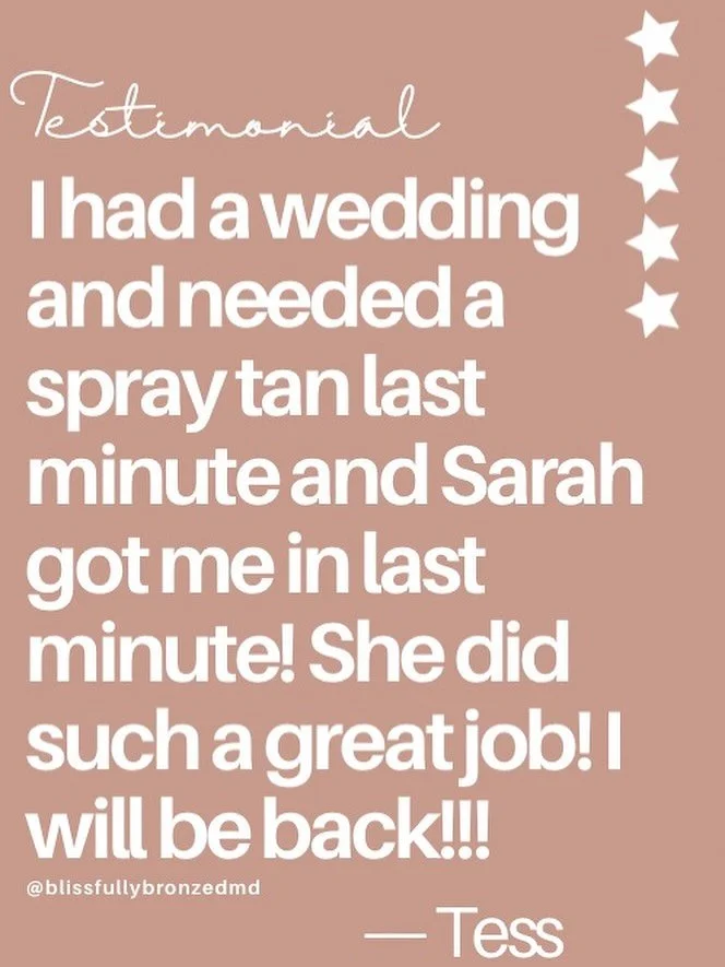 Get it, gurrrrl.

Need a tan super last minute? Please always reach out! I know how important it is to feel your best, I&rsquo;ve been in your shoes. So please, just reach out if you don&rsquo;t see something available on my website. 

#testimonialtu