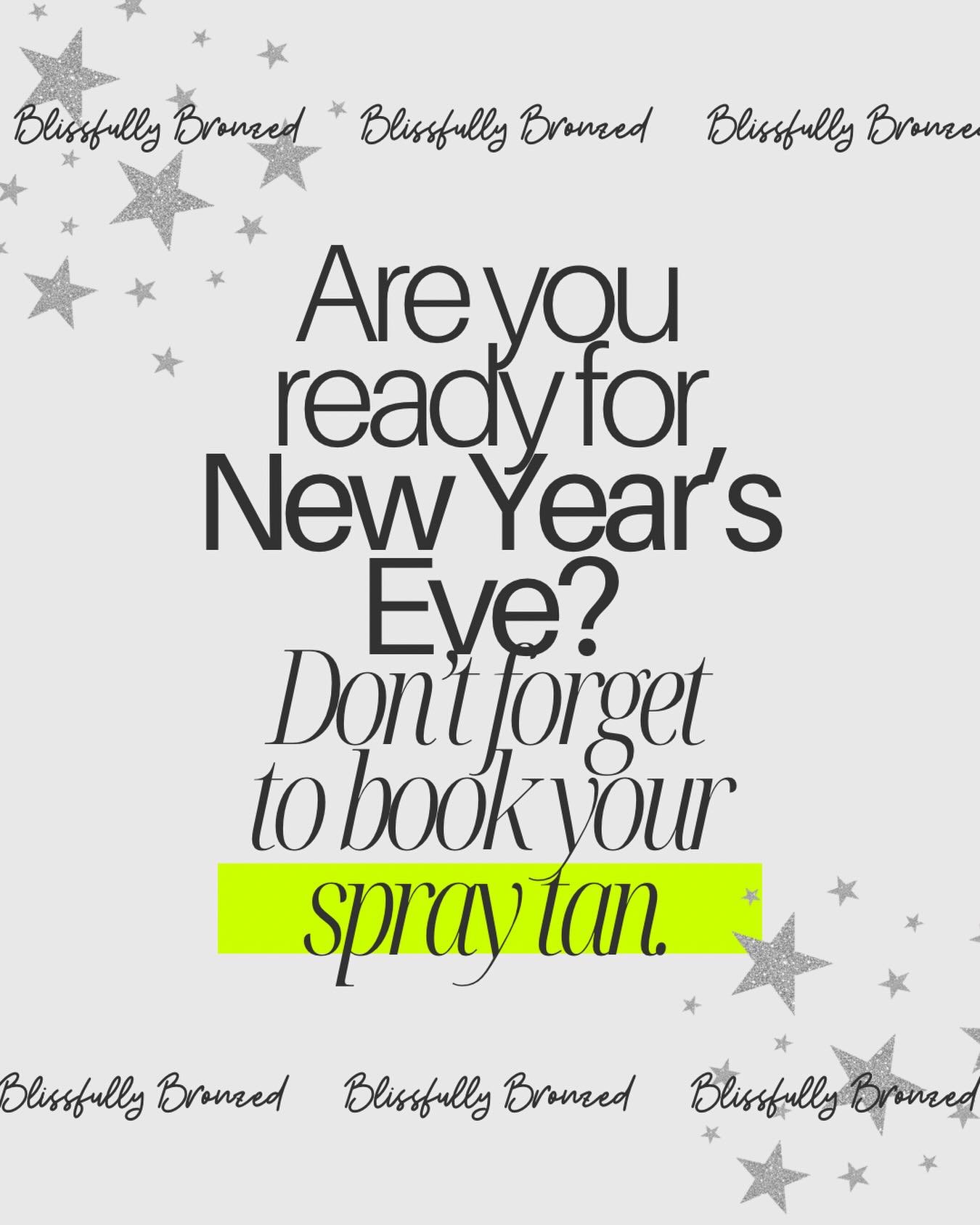 NYE is right around the corner ✨
Appointments are filling fast&mdash;don&rsquo;t forget to book your spray tan before the countdown begins 🥂

Tuesday and Wednesday are available. I can have you rinsed in 2-4 hours!

Link in bio! As always - If you d