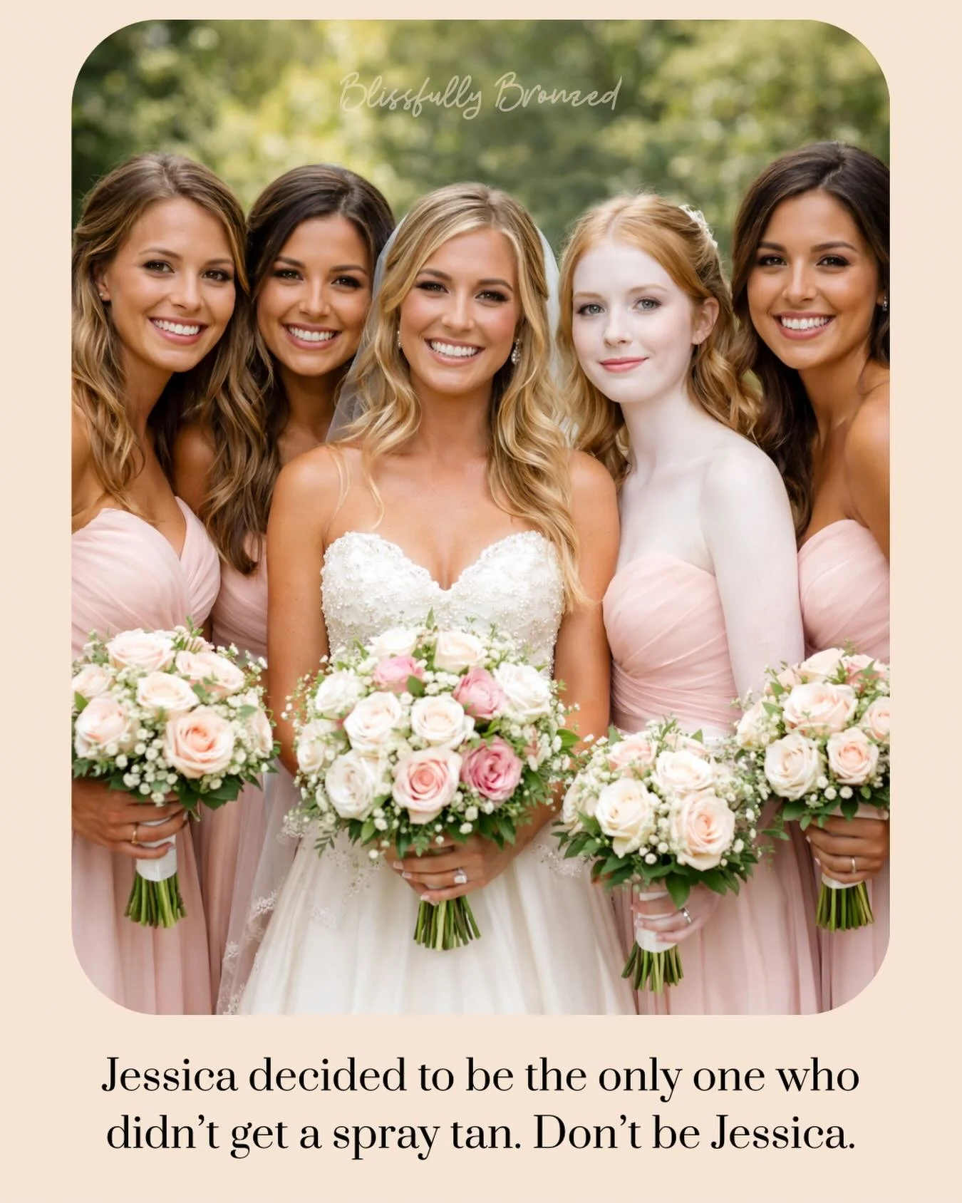 Brides: don&rsquo;t let there be a Jessica in your wedding photos.
Book your Bridal Glow Package. Play it safe.😅

Not today, Jessica. 

#blissfullybronzed #bridalspraytan #baltimorespraytan