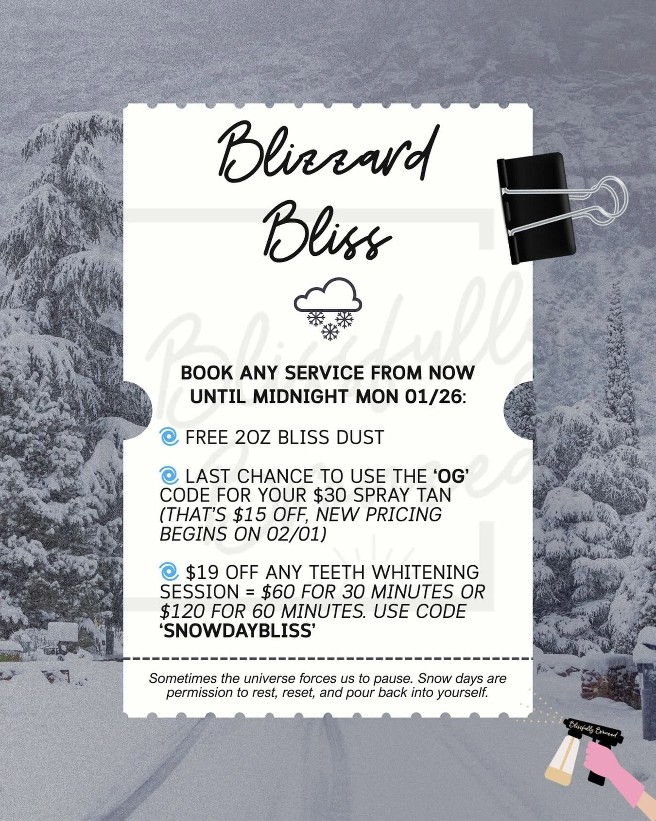 Snow days are your sign to slow down, reset, and do something just for you.

A little glow, a little self-care, and a little extra bliss &mdash; because you deserve it.

Snow Day Special ends Monday @ midnight

🌀Book it while you&rsquo;re cozy &amp;