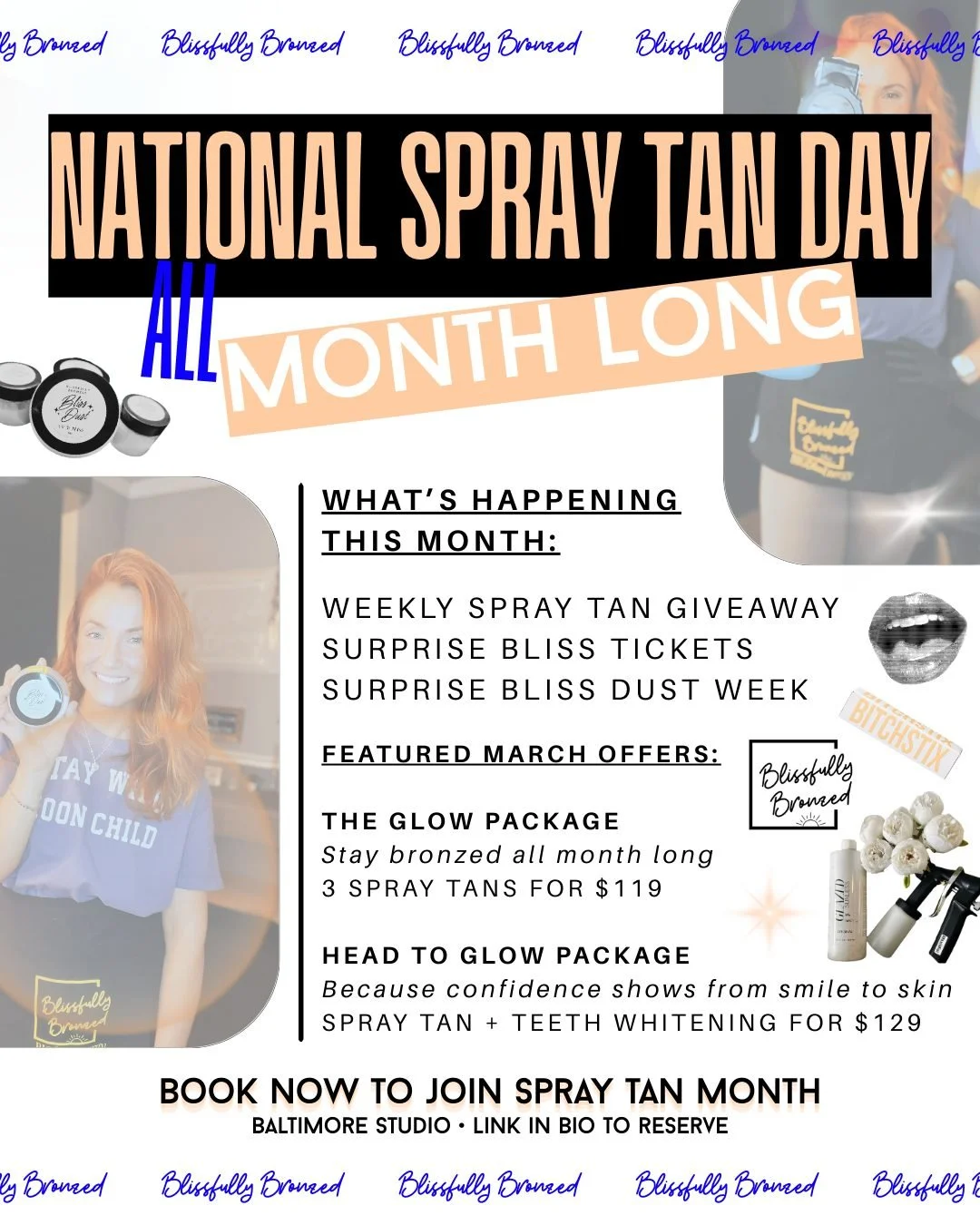 ✨MARCH = SPRAY TAN MONTH✨

Giveaways. Specials. Glow-ups.
All month long at Blissfully Bronzed.

Baltimore area -  your glow starts here.
Book through the link in bio.✨

 #nationalspraytanday #baltimorebusiness #BlissfullyBronzed