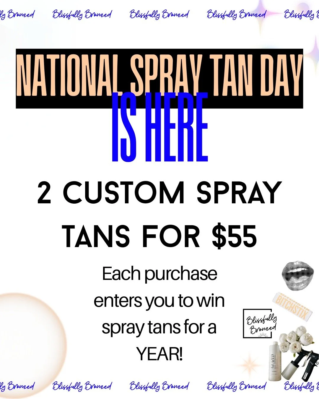 To celebrate, Blissfully Bronzed is offering a special glow deal you don&rsquo;t want to miss&hellip;

☀️ 2 Custom Spray Tans for $55 (no limit)

And it gets even better&hellip;

With every purchase, you'll be automatically entered to win FREE spray 
