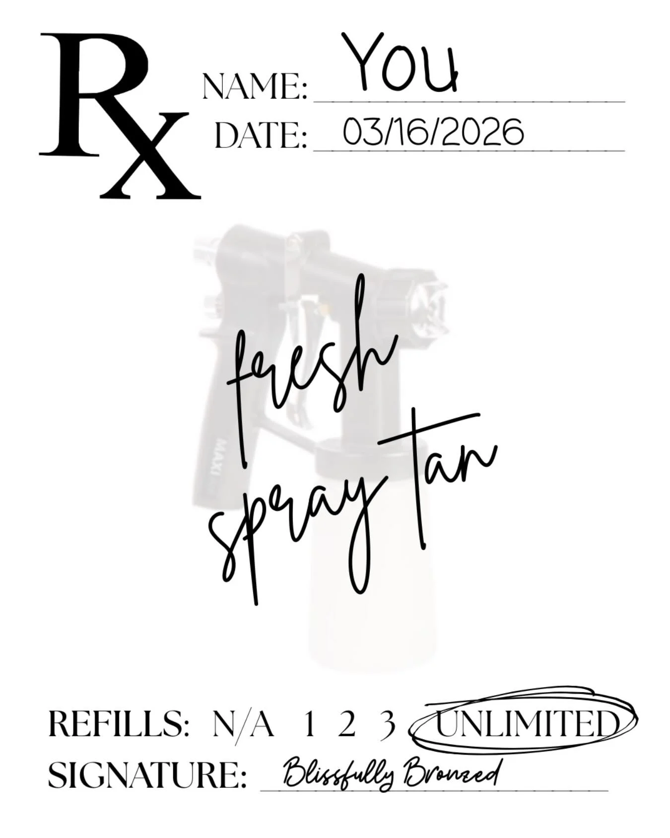 If this isn&rsquo;t your sign&hellip; I don&rsquo;t know what is.🚨🩺

Your prescription is ready.

RX: Fresh Spray Tan
Directions: Apply before vacations, events, girls&rsquo; nights, or whenever life feels a little dull.
Refills: Unlimited.
Side Ef
