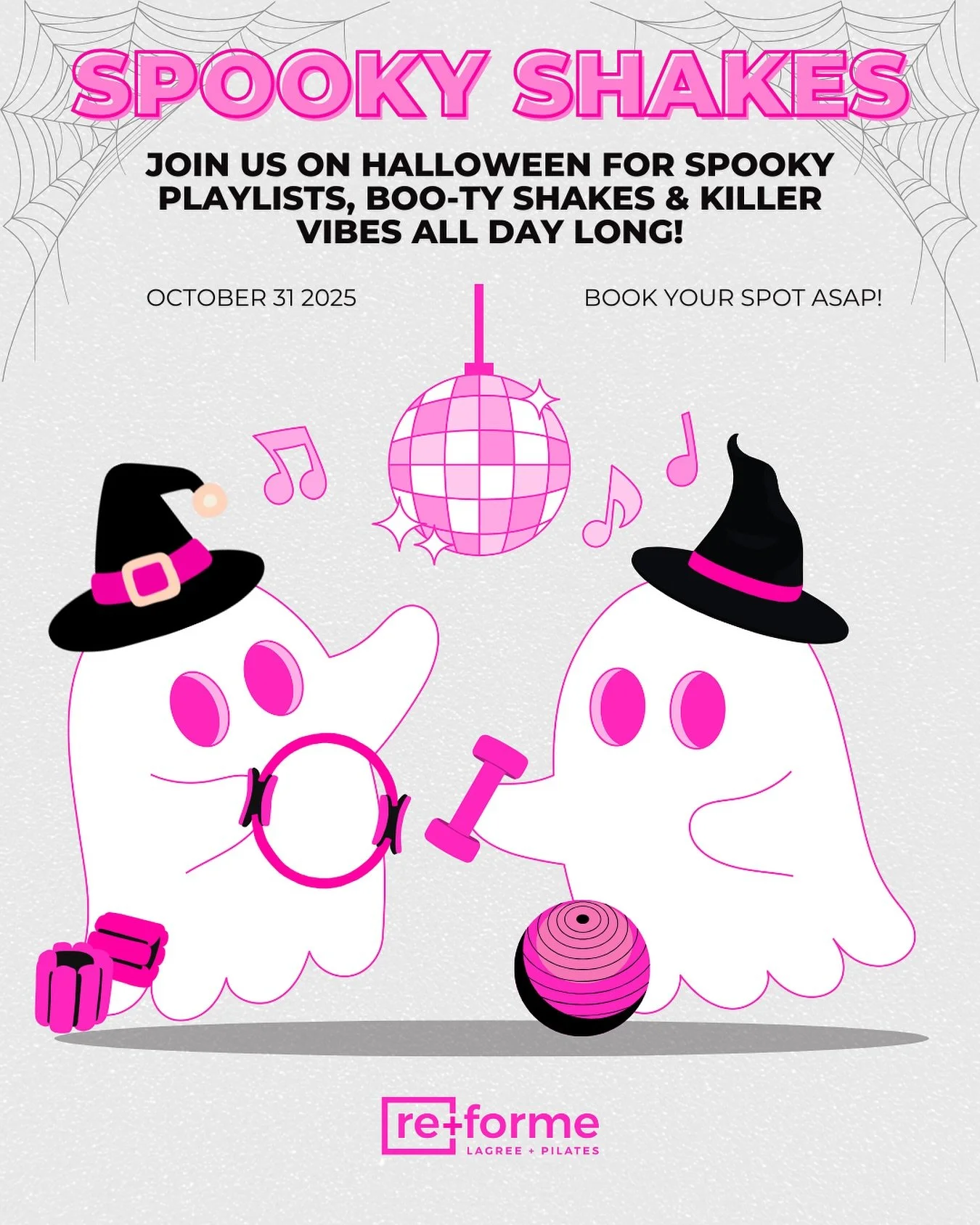 Join us on Halloween for a spooky sweat session! 🩷👻 Expect fun playlists, killer shakes, &amp; all the Halloween energy you need to power through! 💪🏼 

Book your spot ASAP - they&rsquo;ll fill up quick!

#LagreeFitness #HalloweenWorkout