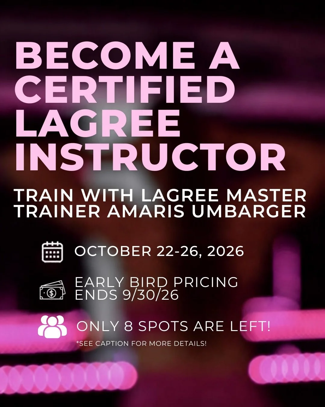 Join us at re+forme for Lagree Level 1 Certification Training with Lagree Master Trainer Amaris Umbarger! 💖💪🏼

📅 October 22&ndash;26, 2026 
 &bull; Thursday (5:00-10:00pm)
 &bull; Friday (5:00-10:00pm)
 &bull; Saturday (10:00am-7:00pm)
 &bull; Su