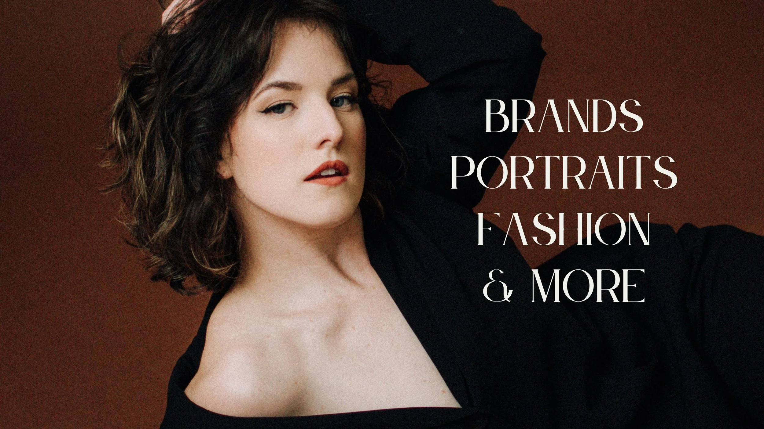 A woman with dark curly hair and fair skin wearing a black off-shoulder top, posing with her arm behind her head. Overlaid text reads "Brands Portraits Fashion & More." Emmerson Studios