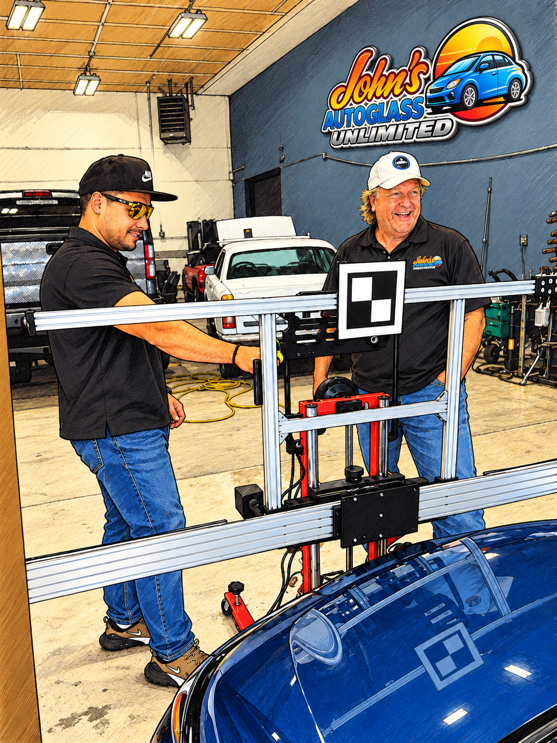 Illustrated John’s Auto Glass Unlimited team in branded polos working with ADAS calibration equipment in their Mukilteo shop
