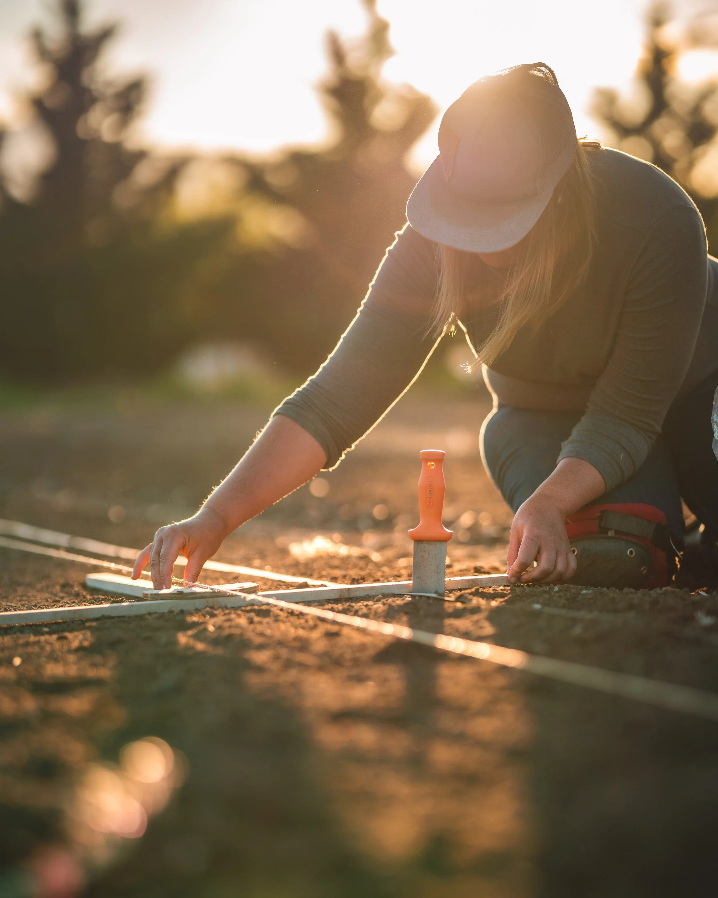 Person kneeling on the ground in the growing patch, using a hori knife and string lines to prepare a row for transplanting.