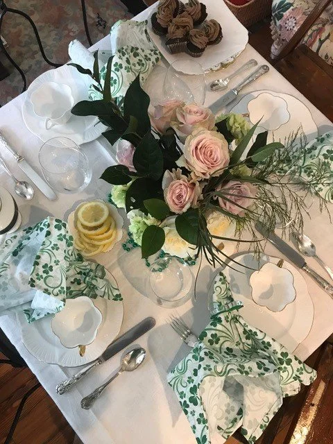 St. Patrick's Day. Shelley Dainty White snack sets and hostess sets; Waterford glassware, Irish Regency Hourglass silver and Kings silverplate.