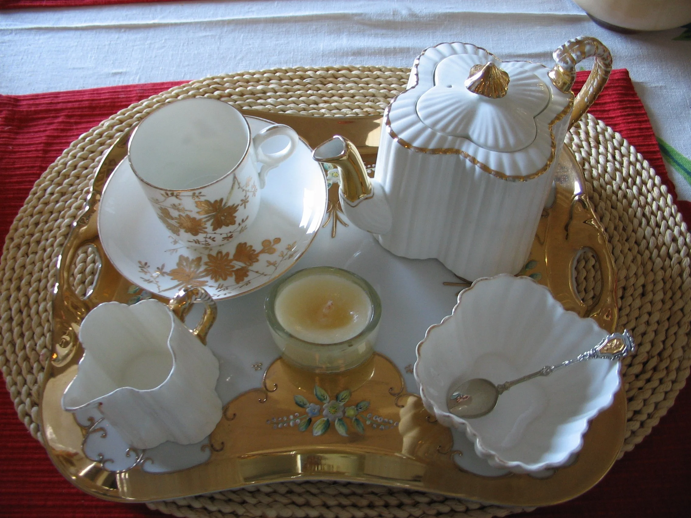 Breakfast Set. Wileman Pattern Gold Aster Sprays on Worcester shape; Wileman creamer, sugar, and teapot in Alexandra shape, Rd. #60650; Royal Carlton tray #5570, gold on white porcelain with handpainted flowers
