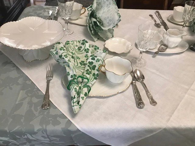 St. Patrick's Day. Shelley Dainty White snack sets and hostess sets; Waterford glassware, Irish Regency Hourglass silver and Kings silverplate.