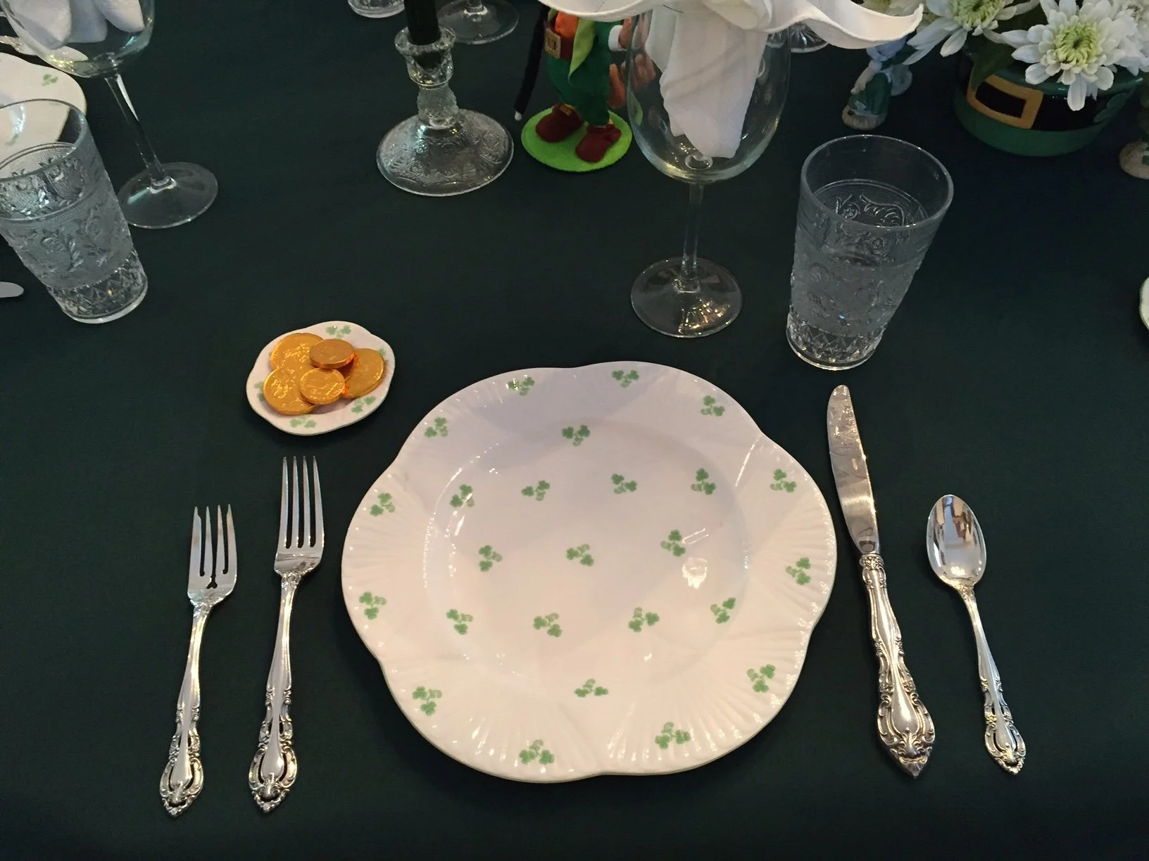 St. Patrick's Day Table. Shelley Shamrock Pattern #14114, dinner plate and butter pat, with Duncan glass tumblers and Gorham Baronial sterling silver