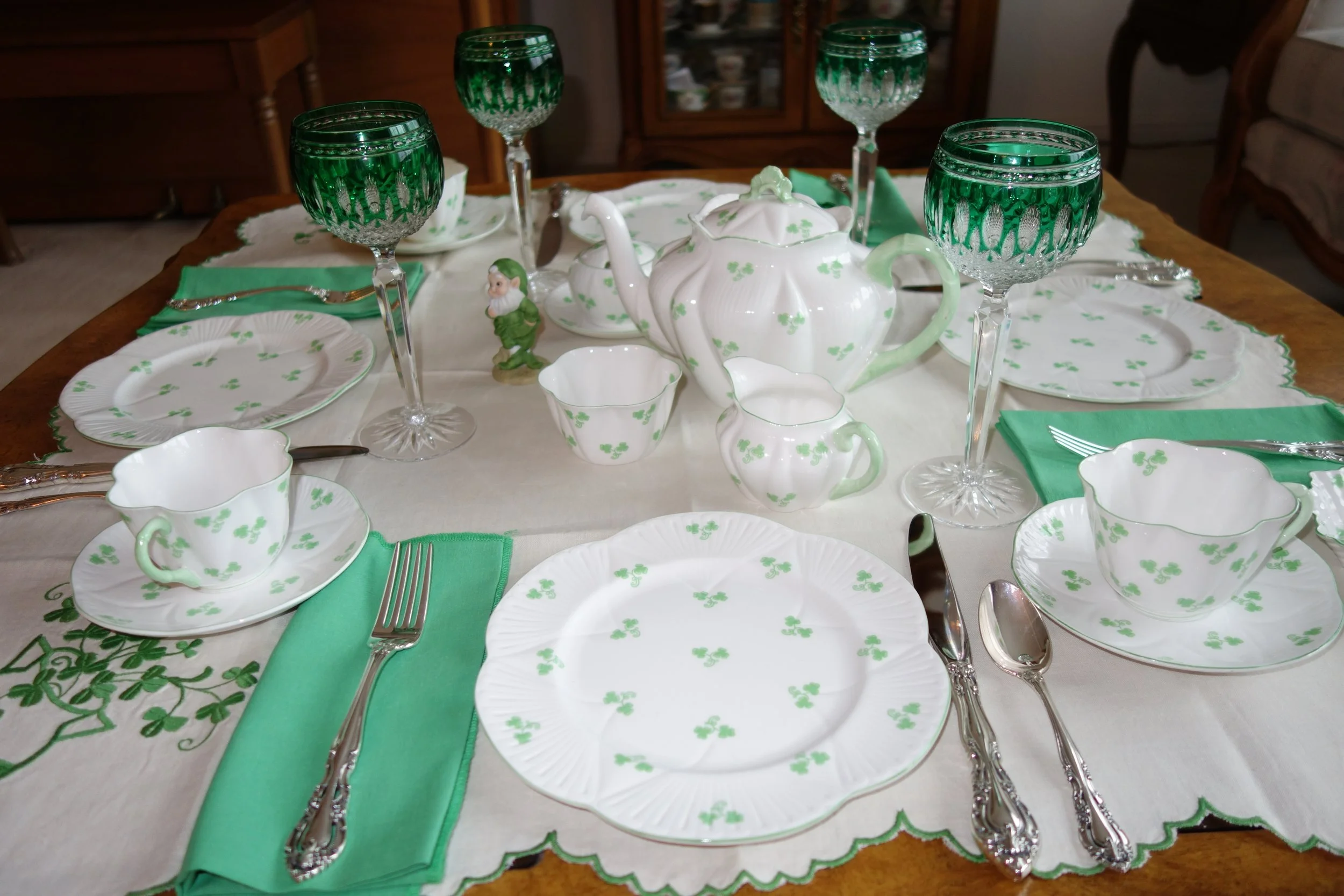 Shelley Shamrock Tea, Shelley Shamrock Pattern #14114, Dainty shape, with Waterford goblets and Gorham Baronial sterling silver flatware displayed on vintage Irish cloth
