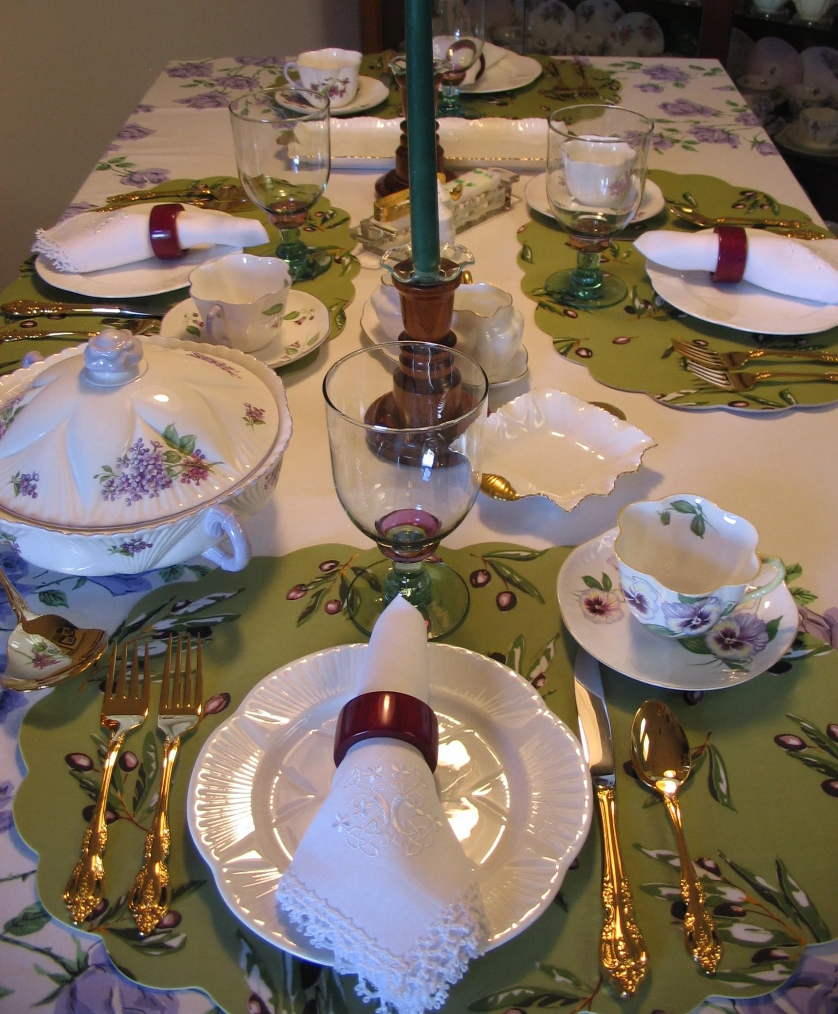 Mix and Match Lavendar Lilac Colorway. Plain White 8" plates, salt, and pepper shakers; Dainty Regency pin dish, bread tray, two creamers with tray; Sugar Loaf tray; German cut glass; Gold plate Oneida Community flatware; napkins hand embroidered fro