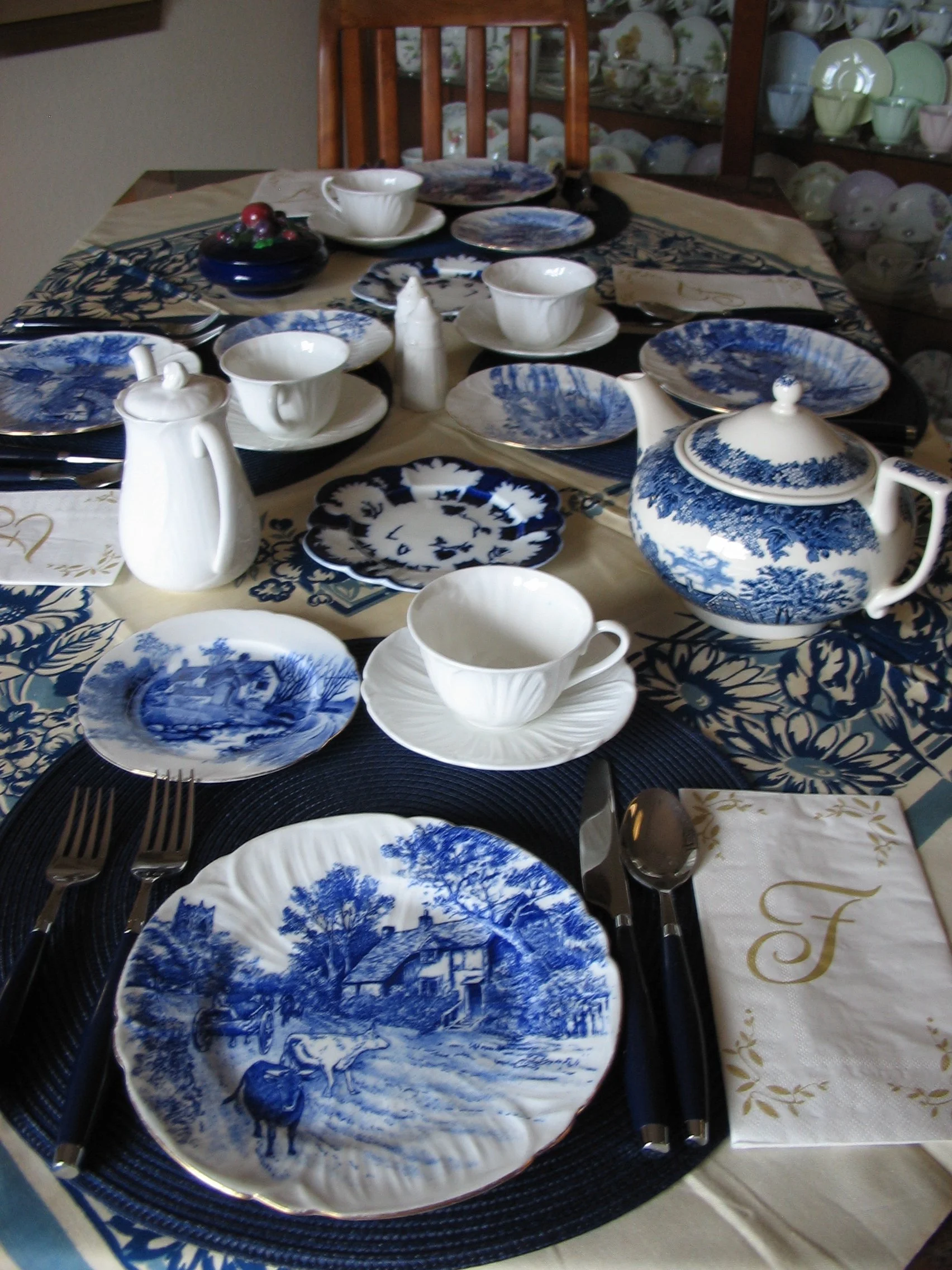 Glorious Devon. Shelley White Ware 16oz coffee pot, Oleander shape, with Shelley small lided fruit bowl; Crinkle Ware salt & peppers, and blue and white side dishes which seem to have escaped the factory on the way to becoming Pattern #6858 Empire. D