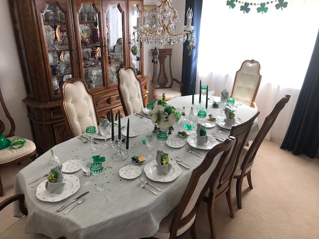 St. Patrick's Day Table. Shelley Shamrock Pattern #14114, Dainty shape, with Waterford goblets and Gorham Baronial sterling silver