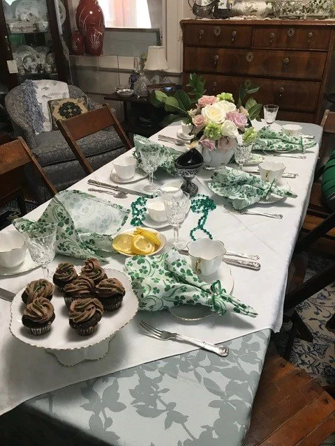St. Patrick's Day. Shelley Dainty White snack sets and hostess sets; Waterford glassware, Irish Regency Hourglass silver and Kings silverplate.