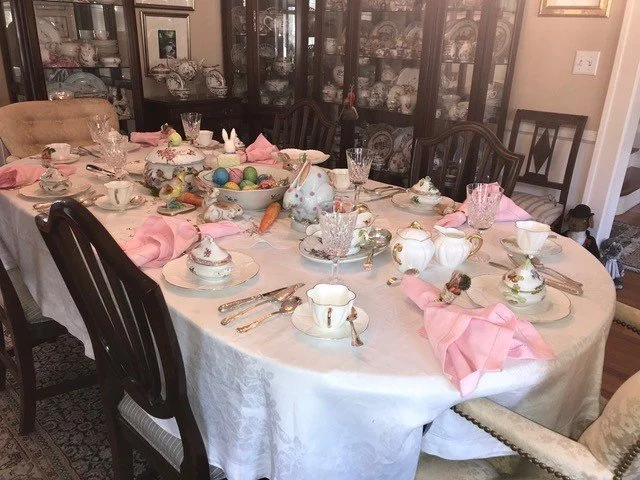 Easter. Herend mini-tureens, Waterford glassware, and Irish Regency Hourglass silver and Kings silverplate.