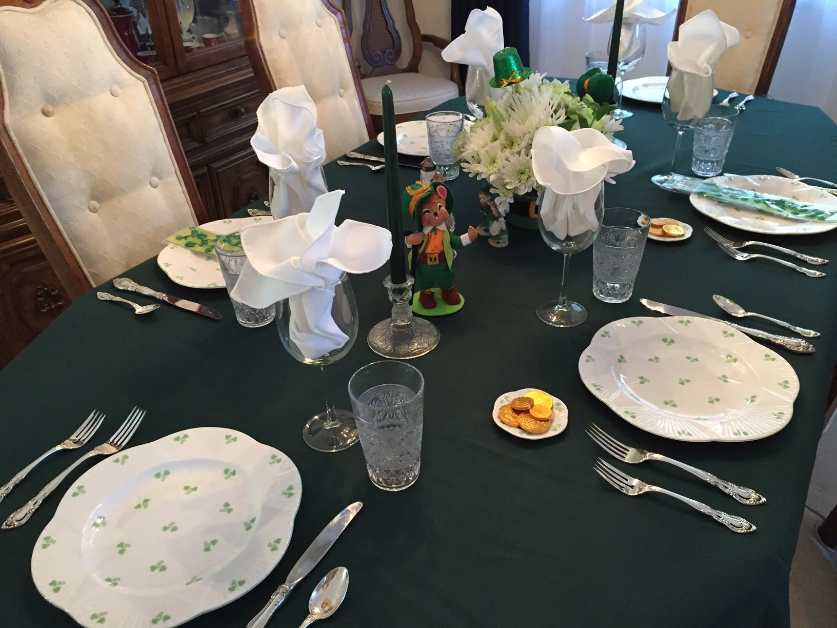 St. Patrick's Day Table. Shelley Shamrock Pattern #14114, dinner service with Duncan glass tumblers and Gorham Baronial sterling silver