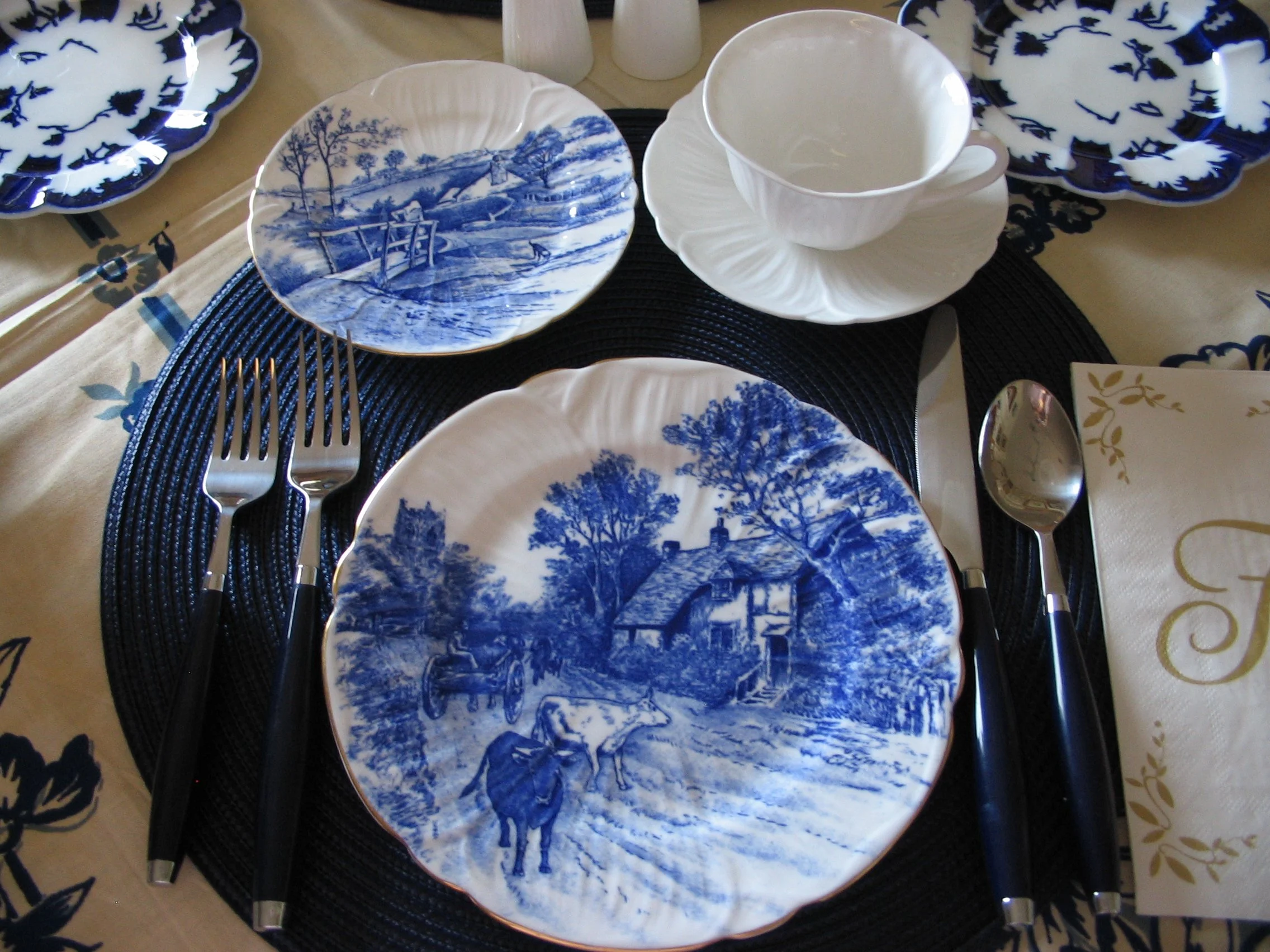 Shelley Glorious Deven Pattern #12734 plates, Oleander shape, with Shelley White Ware cup and saucer, Oleander shape