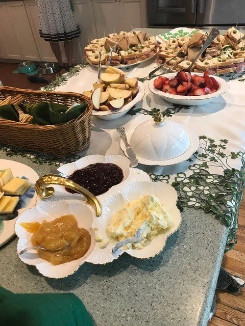 St. Patrick's Day. Shelley Dainty White snack sets and hostess sets; Waterford glassware, Irish Regency Hourglass silver and Kings silverplate.