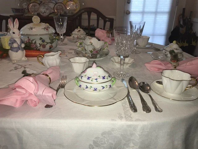 Easter. Herend mini-tureens, Waterford glassware, and Irish Regency Hourglass silver and Kings silverplate.