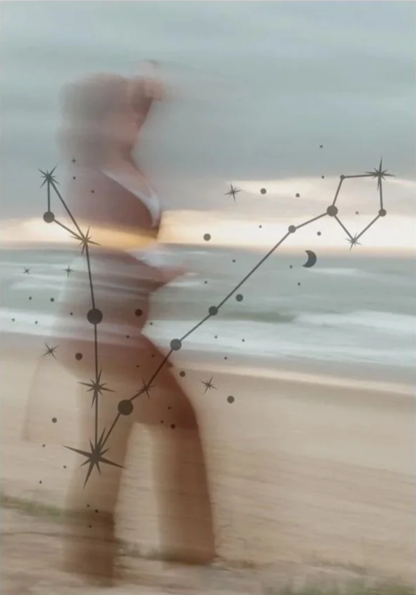 Background is a a blurred woman dancing by the ocean overlayed with the Pisces constellation