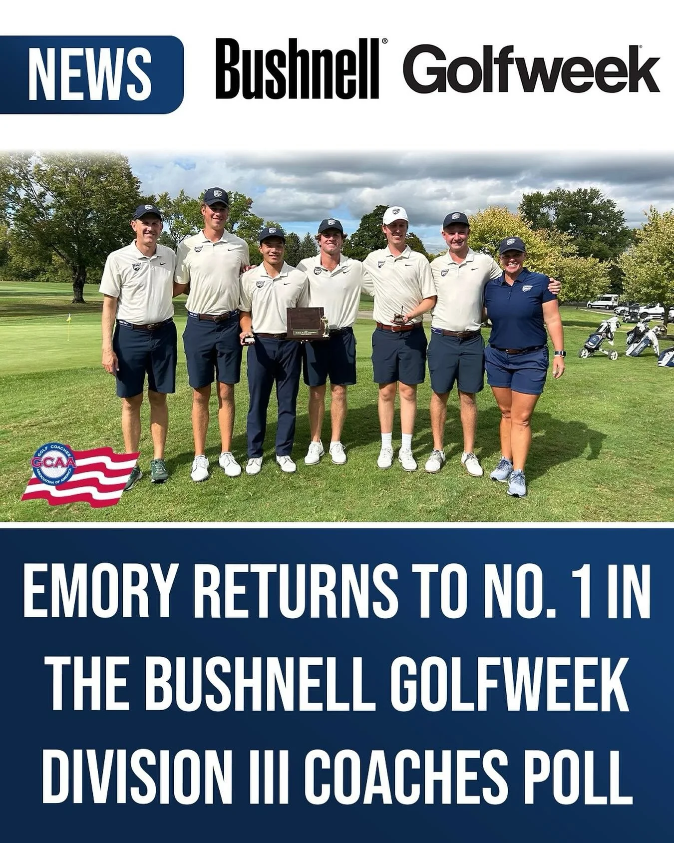 Emory returns to No. 1 in the Bushnell Golfweek Division III Coaches Poll

@golfcoachesassn @d3golfguys @d3direct @bushnellgolf @golfweekmag  @emorygolf 

With wins in three of their first four tournaments, Emory climbed to No. 1 in the October 10 po