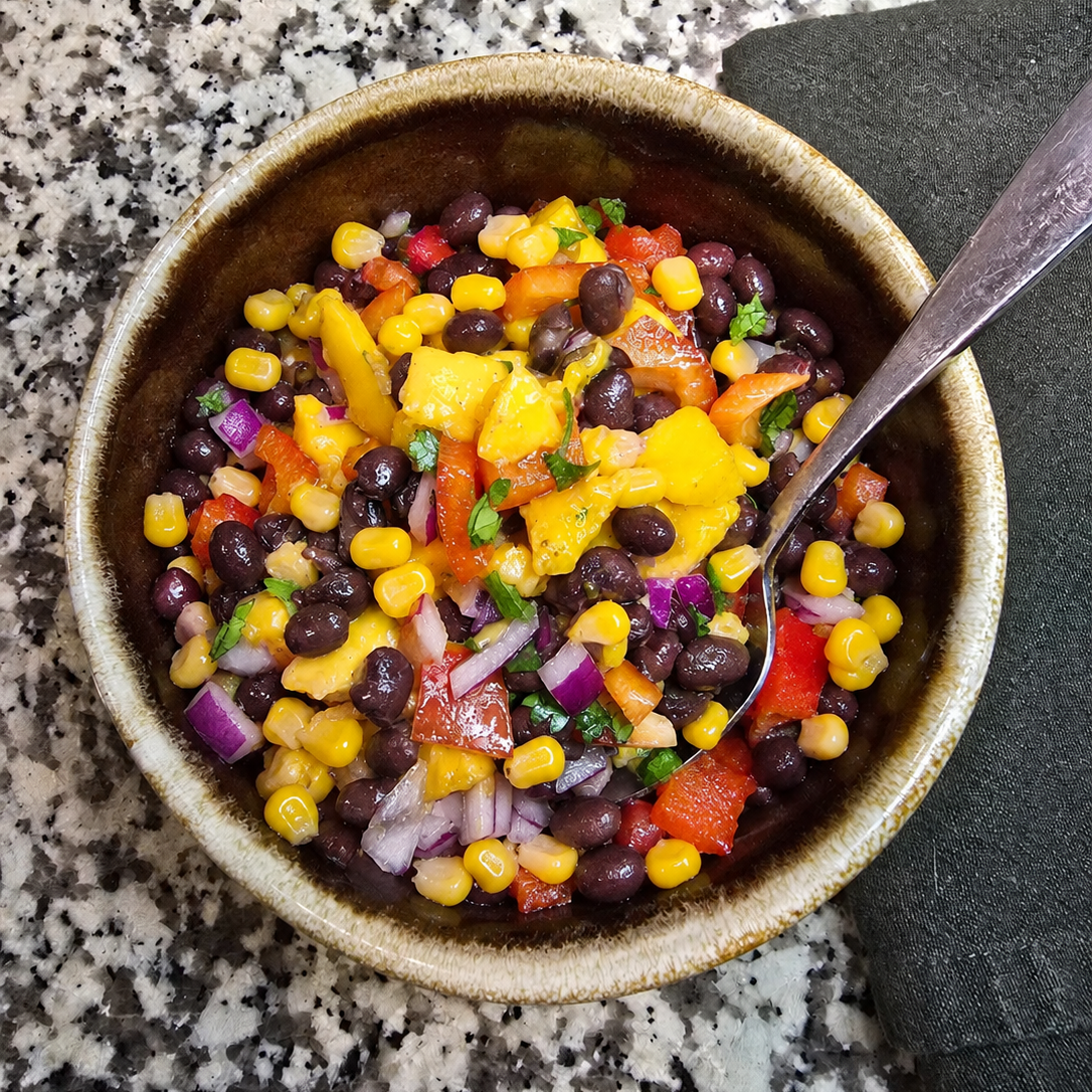 mango black bean avocado salsa with corn, red onion, cilantro, and lime