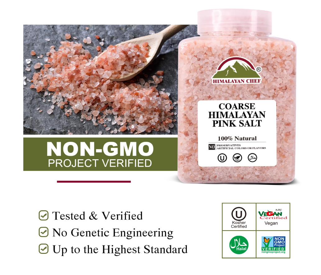 Package of Himalayan Chef coarse pink salt with a wooden spoon spilling some pink salt crystals onto a dark surface, and additional salt scattered around.